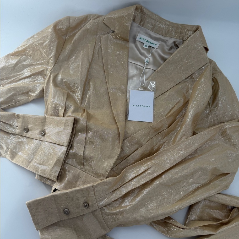 Asta Resort Viola Wrap Tie Waist Long Sleeve Plunge Collared Shiny Shirt In Gold
